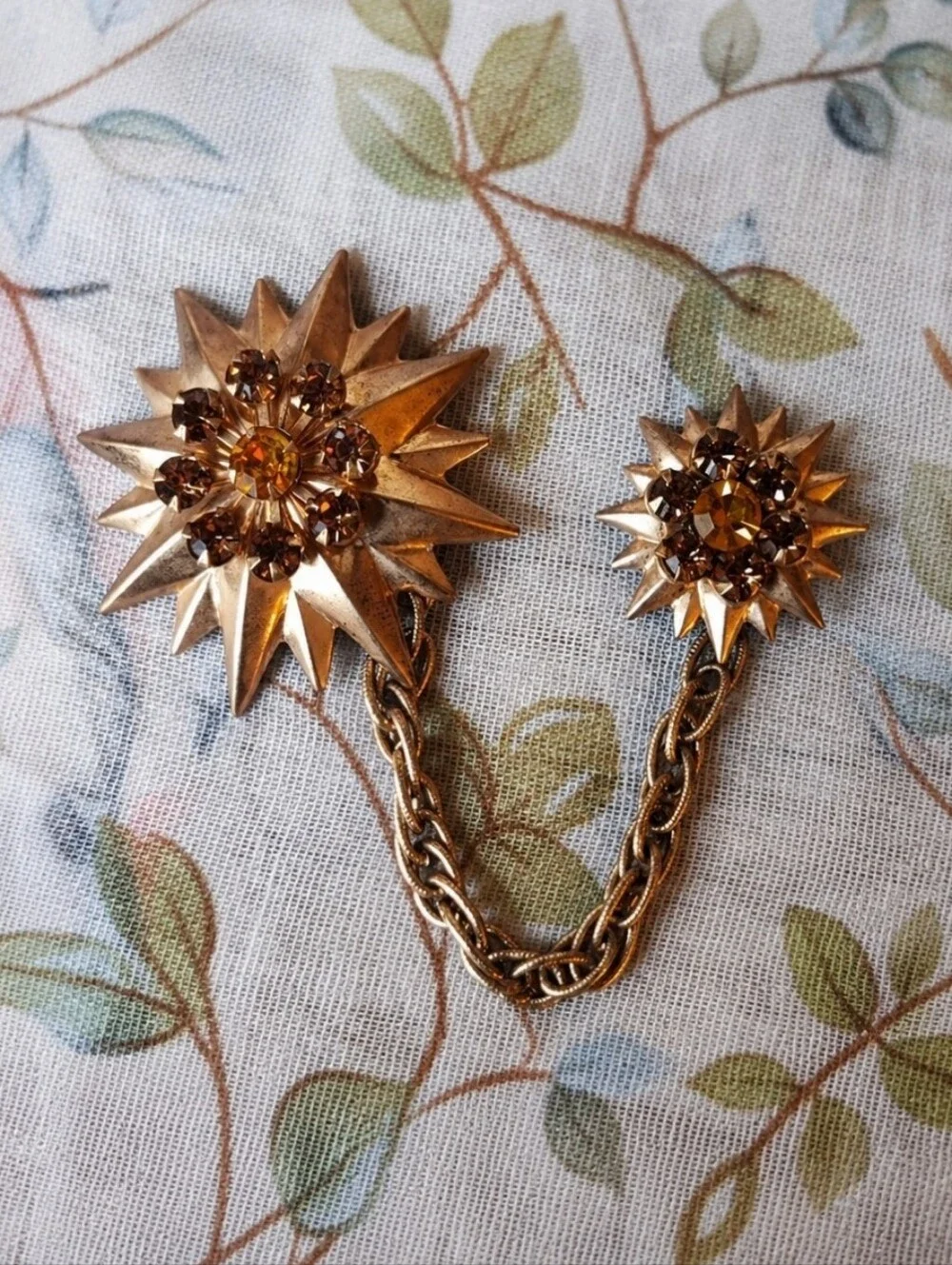Unisex Vintage Dual Adornment Blazer Pin Brooch Gold Tone Topaz Stones Prong Set
